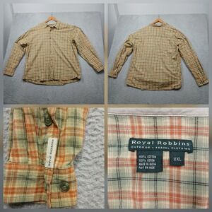 Royal Robbins Plaid Button Down Shirt Men's XXL Green Orange Cotton